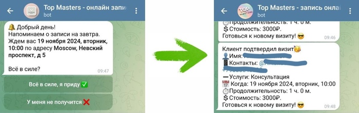 Напоминание о предстоящем визите. Так ответ клиента отправляется администратору сервиса.