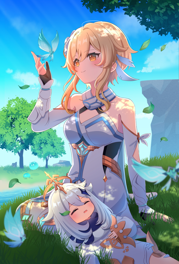  , Anime Art, Paimon (Genshin Impact), Lumine (Genshin Impact), Genshin Impact
