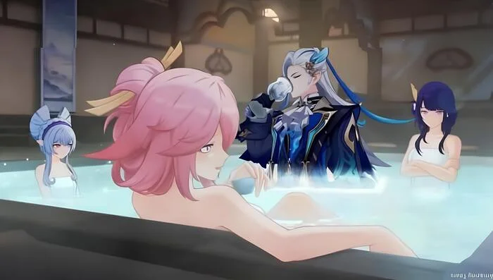 Neuvillette: Bathwater tastes the same as I remember... - Genshin Impact, Raiden Shogun (Genshin Impact), Yae Miko (Genshin Impact), Neuvillette (Genshin Impact), Yumemizuki Mizuki (Genshin Impact), Баня, Вода, Дегустация, Странный юмор