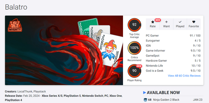 Страница Balatro на агрегате "OpenCritic".