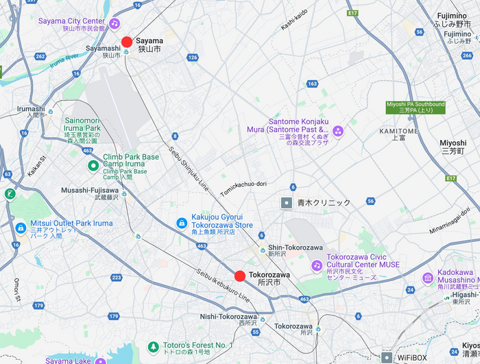 Саяма и Токорoдзава на карте. Источник: скриншот Google Maps
