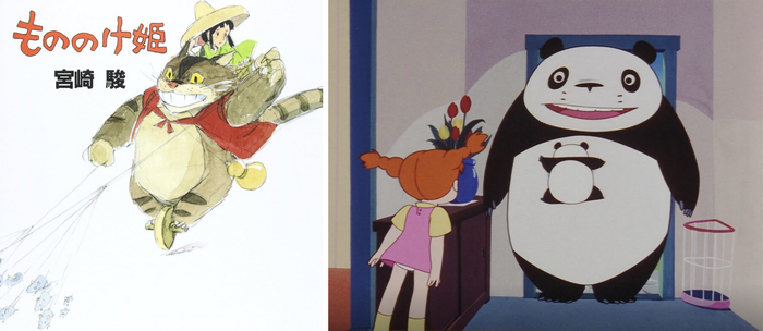 Слева — обложка книги «Принцесса Мононоке» (1983), справа — кадр из мультфильма «Панда большая и маленькая»