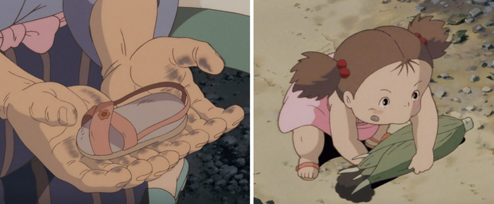 Слева — сандалия, найденная в пруду, справа — Мэй в своих сандалиях. Кадры из мультфильма «Мой сосед Тоторо»