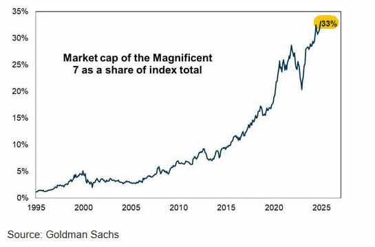 Вес "Великолепной семерки" в SP500 продолжает бить рекорды и на данный момент уже составляет 33% — данные Goldman