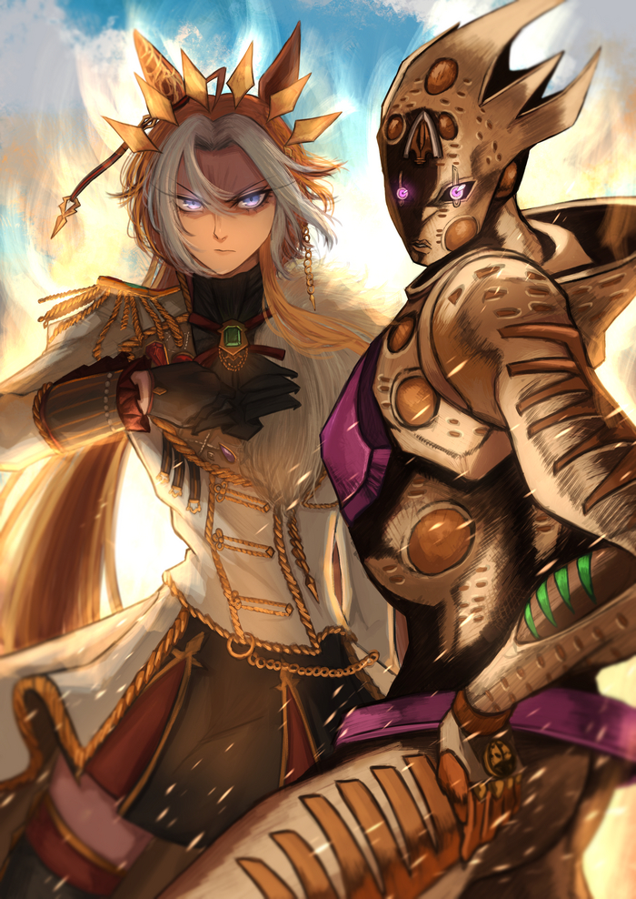 Orfevre(the Golden Tyrant) & Gold Experience Requiem , Anime Art, Uma Musume Pretty Derby, Orfevre, Jojos Bizarre Adventure, JoJo Reference, Animal Ears