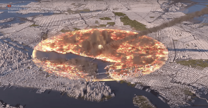 Компьютерное моделирование падения 100 метрового астероида на Нью-Йорк. Примерно таким будет удар...