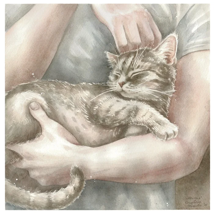 Idyll - My, Beginner artist, Painting, Watercolor, cat, Care, Idyll, Animalistics, Longpost
