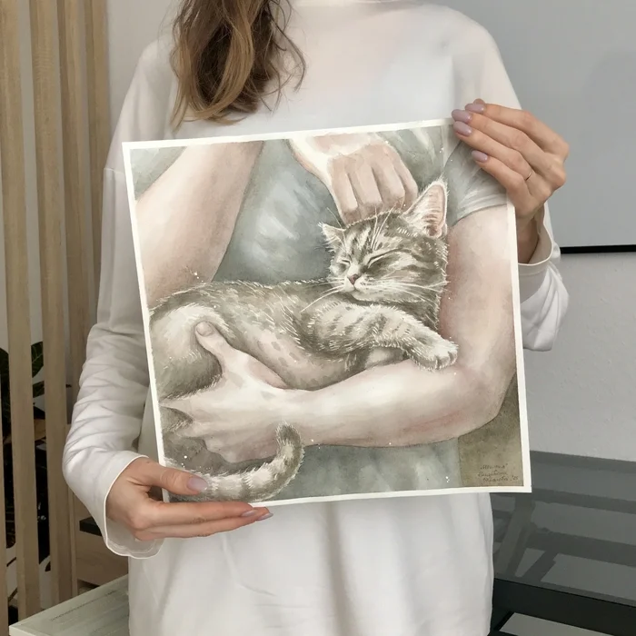 Idyll - My, Beginner artist, Painting, Watercolor, cat, Care, Idyll, Animalistics, Longpost