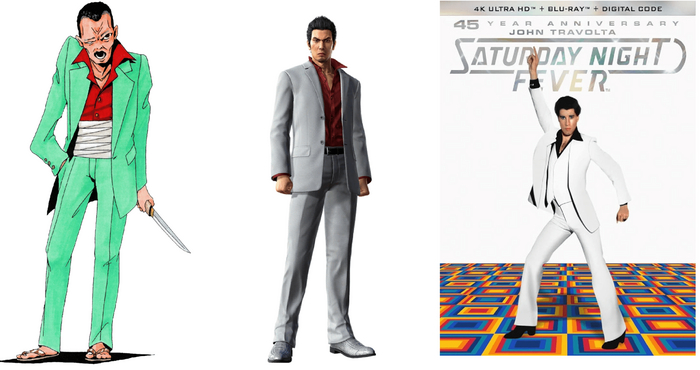 Якудза из SMT I (слева), Kazuma из Yakuza: Like a Dragon (по центру) и Джон Траволта (справа) 