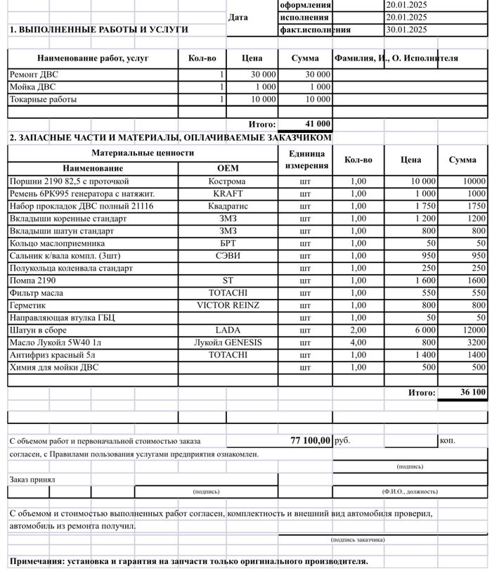 Заказ-наряд на капитальный ремонт двигателя LADA Granta