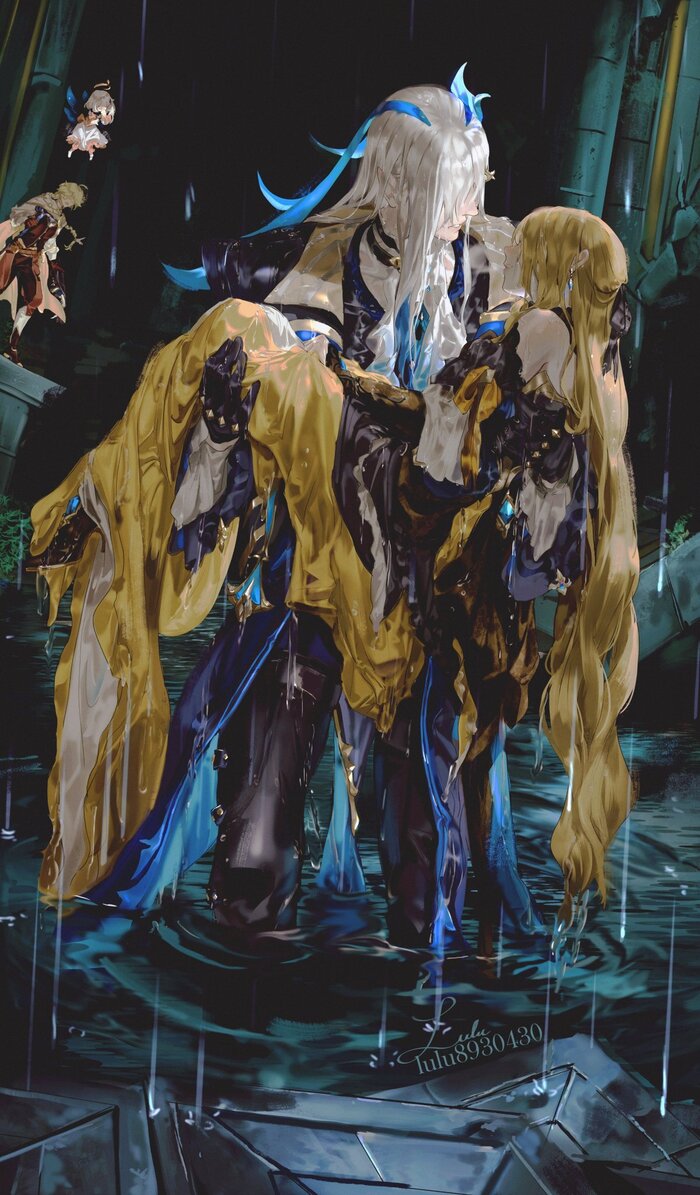    Genshin Impact, , Anime Art, Navia (Genshin Impact), Neuvillette (Genshin Impact), Aether (Genshin Impact), Paimon (Genshin Impact)