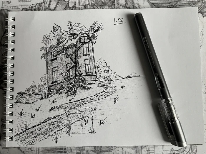 House behind the tree. Sketch 01.02 - My, Art, Sketch, Sketchbook, Pen drawing, Black pen, Sketch, Traditional art, Video, Youtube