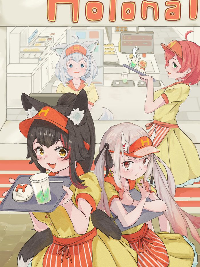 Holonalds Hololive, Virtual YouTuber, Ookami Mio, Shirakami Fubuki, Sakura Miko, Nakiri Ayame, Animal Ears, Anime Art, , 