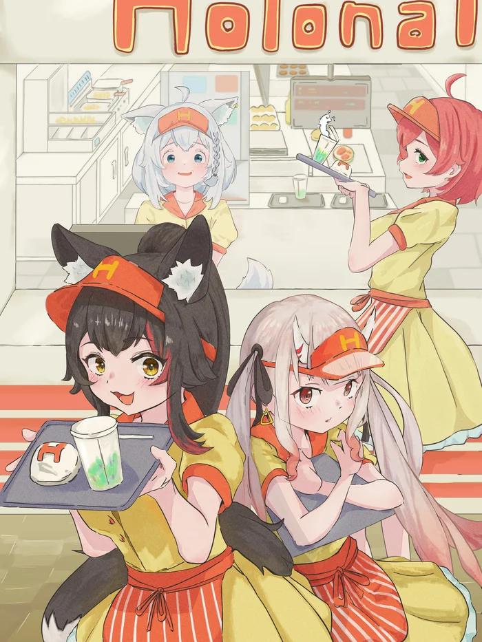 Holonalds - Hololive, Virtual youtuber, Ookami Mio, Shirakami fubuki, Sakura Miko, Nakiri ayame, Animal ears, Anime art, Anime, McDonald's