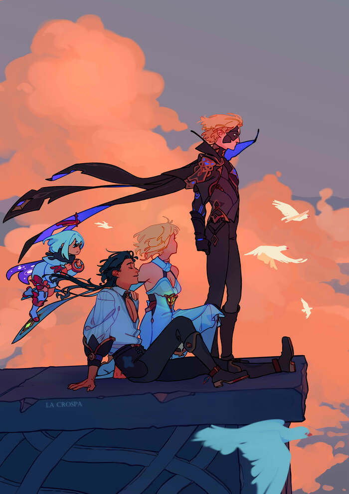    Anime Art, Kaeya, Paimon (Genshin Impact), Lumine (Genshin Impact), Dainsleif, , , Game Art, 