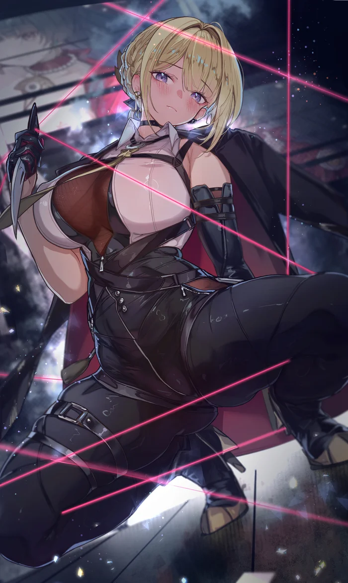 Evelyn Chevalier #011 - Anime, Anime art, Zenless Zone Zero, Evelyn Chevalier (zzz), Girls, Blonde, Shoes, Knife, Sideboob, Tie, Trousers, Jacket, Gloves, Embarrassment