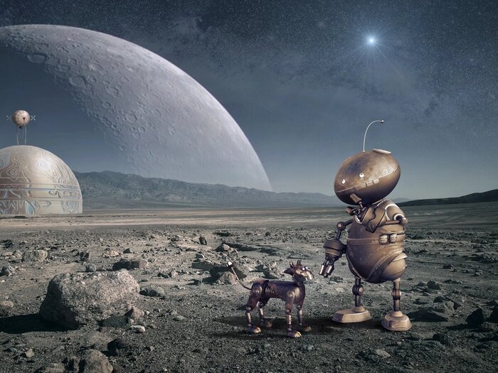 Возможно, внеземные цивилизации окажутся не столь пугающими, как мы привыкли думать. Художник изобразил трогательную сцену: робот-пришелец прогуливается со своим механическим питомцем по поверхности далекой планеты / © <!--noindex--><a href="https://pikabu.ru/story/direktor_seti_inoplanetyane_skoree_vsego_budut_napominat_iskusstvennyiy_intellekt_12334224?u=http%3A%2F%2Fseparfilter.ae&t=separfilter.ae&h=83f74352ae43243de4e32a625bb51c7b956510d5" title="http://separfilter.ae" target="_blank" rel="nofollow noopener">separfilter.ae</a><!--/noindex-->