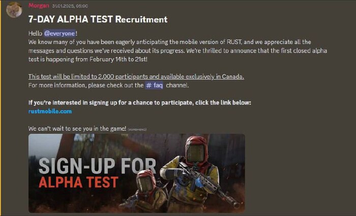 Альфа-тест RUST Mobile пройдёт с 14 по 21 февраля