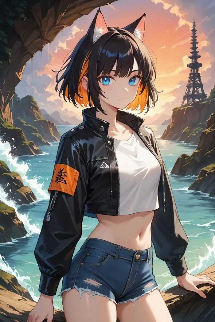 На берегу лагуны Арты нейросетей, Море, Лагуна, Неко, Anime Art, Flux, Kling, Видео, Вертикальное видео, Короткие видео, Длиннопост