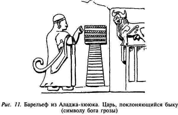Барельеф из Аладжа-хююка. Царь, поклоняющийся быку (символу бога грозы) (О. Герни. Хетты. М.: Наука, 1987)