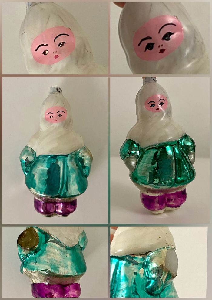 Стеклянная елочная игрушка - Девочка в шали, 60-е. Ремонт поксиполом скола рукава.