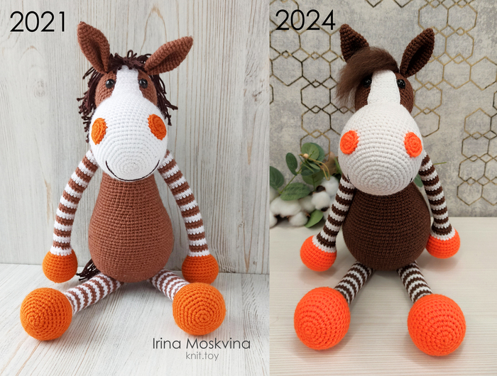 По ТЗ было сохранение таких же цветов. Оттенки получились другие, ибо такой пряжи как в первом варианте у нас уже нет. От себя решила изменить гриву, так смотрится гораздо лучше