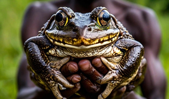 Лягушка-голиаф в руках у человека
