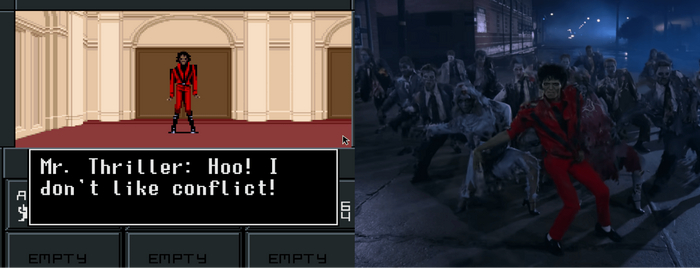 Mr.Thriller (SMT II) и его прототип Майкл Джексон в клипе Thriller (1984)