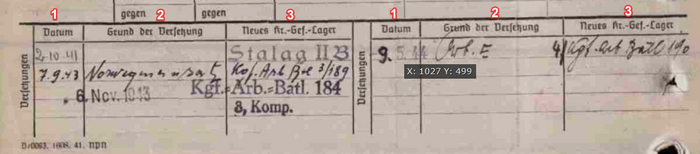 Список перемещений военнопленного между лагерями и рабочими батальонами.