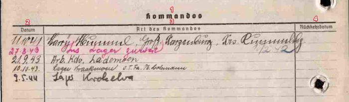 Записи фиксируют рабочие назначения и перемещения военнопленного по разным лагерям и местам работы.