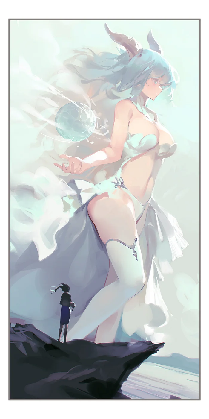 Ball - Girl with Horns, Giantess, Anime art, Monster girl, Stockings, Ribao