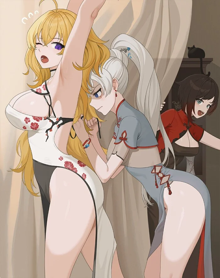 Ох, зря она Вайсс попросила помочь... - Anime Art, Аниме, Pixiv, Бедра, Weiss Schnee, Yang Xiao Long, Ruby Rose