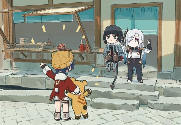 Kaaaaaa, mouse, mouse, there's a MOUSE!!! - Anime, Anime art, Girls, Games, Genshin impact, Zenless Zone Zero, Shenhe (Genshin Impact), Xiangling, Xinzoruo, Jane Doe (zzz), Crossover, Animal ears, Tail, Longpost