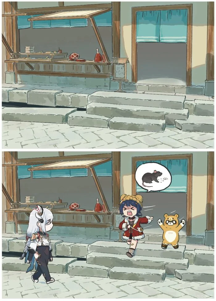 Kaaaaaa, mouse, mouse, there's a MOUSE!!! - Anime, Anime art, Girls, Games, Genshin impact, Zenless Zone Zero, Shenhe (Genshin Impact), Xiangling, Xinzoruo, Jane Doe (zzz), Crossover, Animal ears, Tail, Longpost