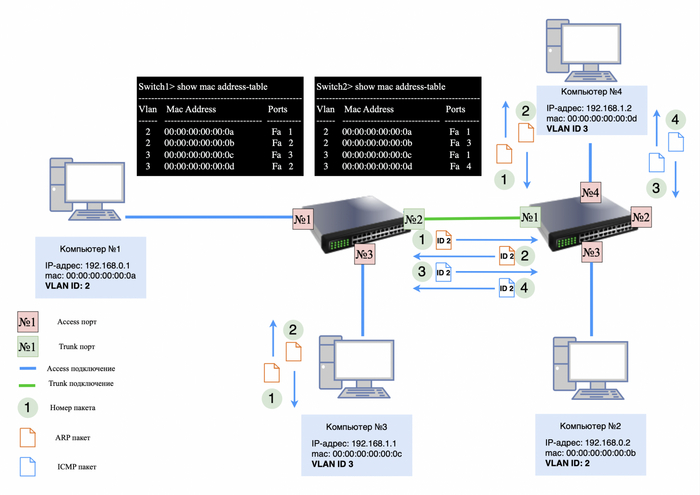 Передача пакетов в VLAN №3