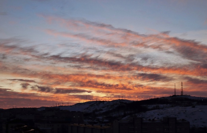 Февральский закат Вид из окна, Закат, Сопки, Мурманская область, Февраль, Зима, Небо, Облака, Canon, Длиннопост