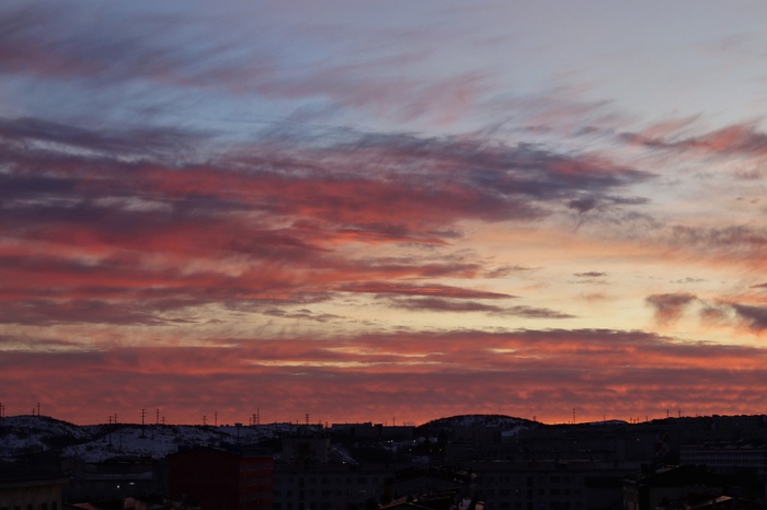 Февральский закат Вид из окна, Закат, Сопки, Мурманская область, Февраль, Зима, Небо, Облака, Canon, Длиннопост