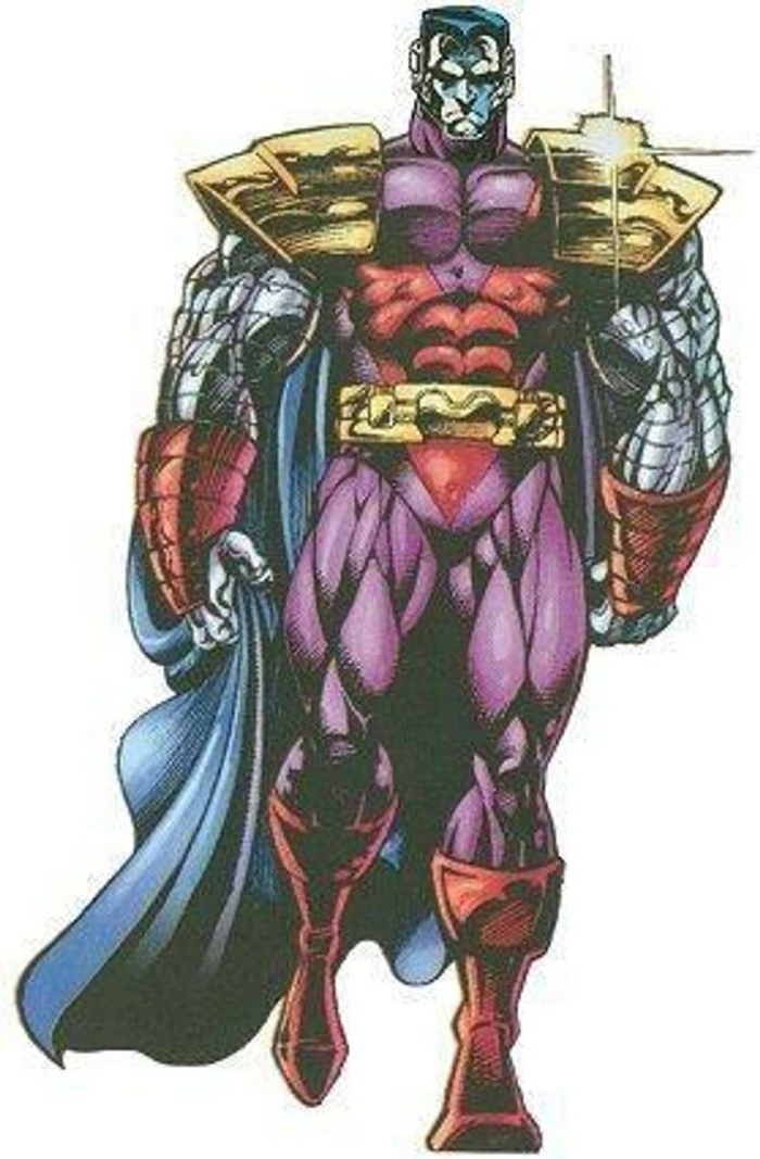 А вот с какого арта была взята цветовая схема. И да, колорист тут ошибся, поскольку в других комиксах цветами Аколитов являются синий и красный. А ещё он не покрасил наушники колосса в золотой.