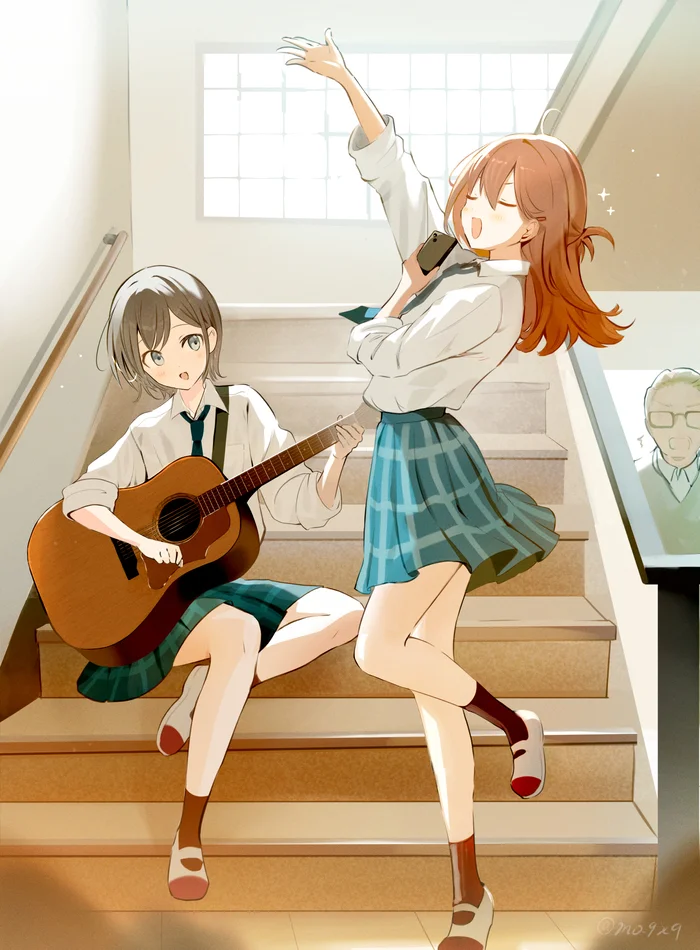 After School Guerrilla Live - Аниме, Anime Art, Original Character, Девушки, Школьницы, Гитара, Пение, Лестница, Ступеньки