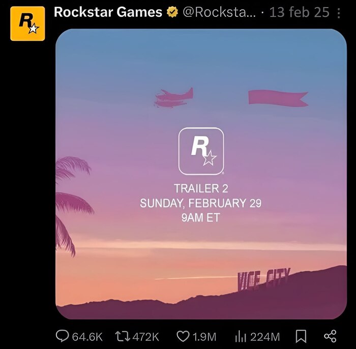 Появилась дата выхода второго трейлера GTA VI — её слила сама Rockstar