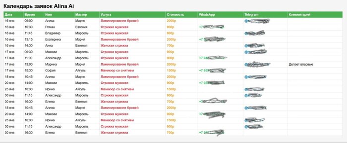 Вот так выглядит удобный календарь записей: