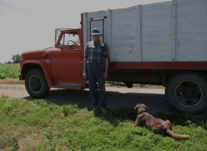 My 1966 Chevrolet truck with me and our dog gunner I have used this truck many times to haul grain to the Cargill grain elevator