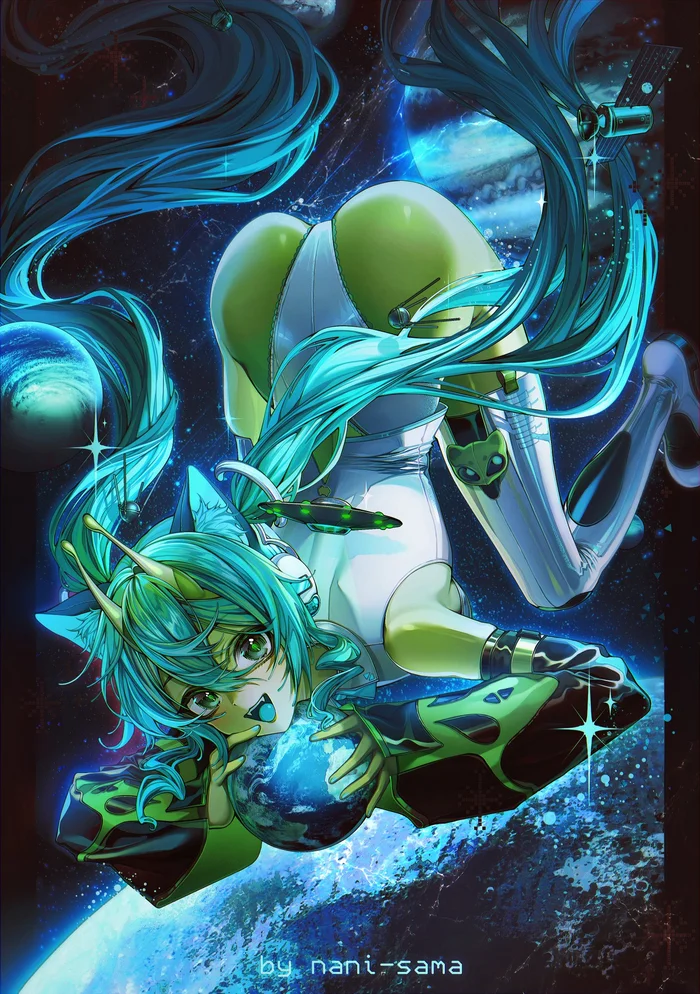 Glorpi Miku - Giantess, Anime art, Animal ears, Hatsune Miku, Stockings, Tera-giantess, Planet Earth, Space, Aliens