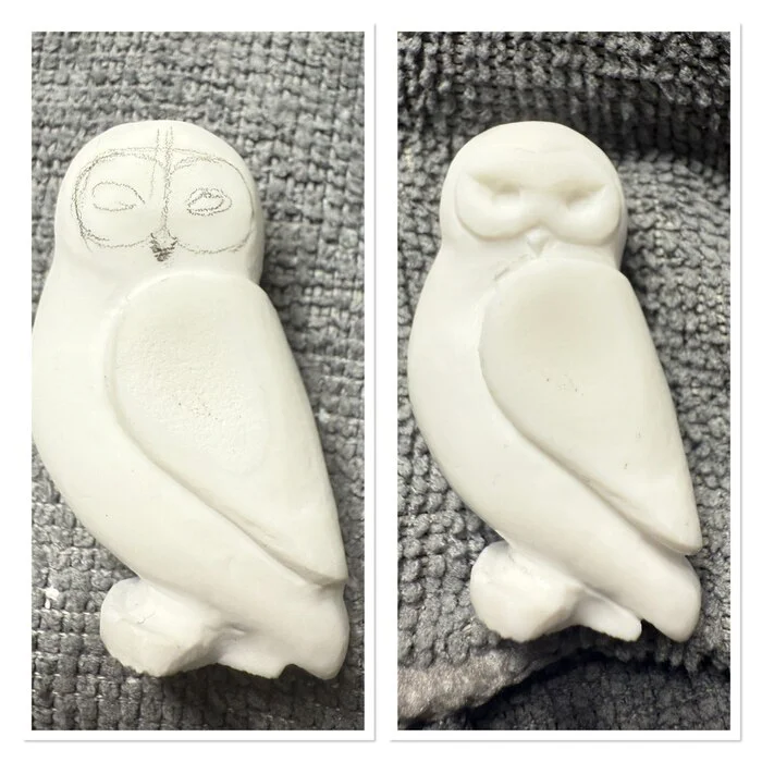 Owl Buklya from cacholong - My, Needlework, Needlework with process, Friday tag is mine, With your own hands, Stone carving, White, Owl, Polar owl, Beech, Harry Potter, Longpost
