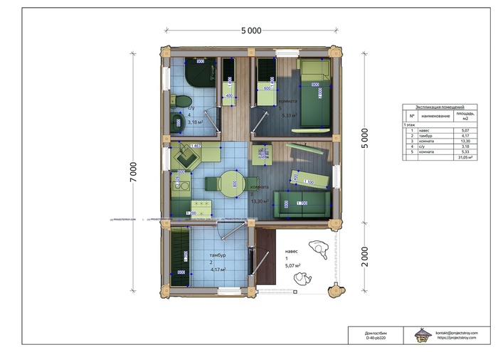 планировка с размерами 5х7 м