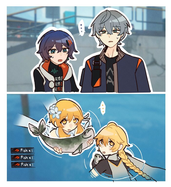   Genshin Impact, , , , Honkai: Star Rail, Zenless Zone Zero, Aether (Genshin Impact), Lumine (Genshin Impact), Belle (zzz), Wise (zzz), Stelle (Honkai: Star Rail), Caelus (Honkai: Star Rail), 
