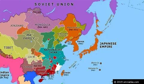 Политическая карта Китая в 1931-1937 гг. Оранжевая - Япония и Маньчжурия. Тёмно-зелёное - земли Янь Сишаня. Салатовое - пограничные неуправляемые районы. Сизое - Гоминьдан. Остальное - де-факто самоуправляемые территории.