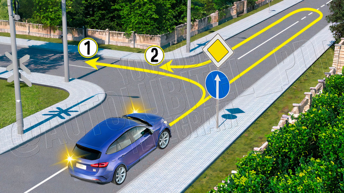Какой манёвр запрещен водителю синего автомобиля?