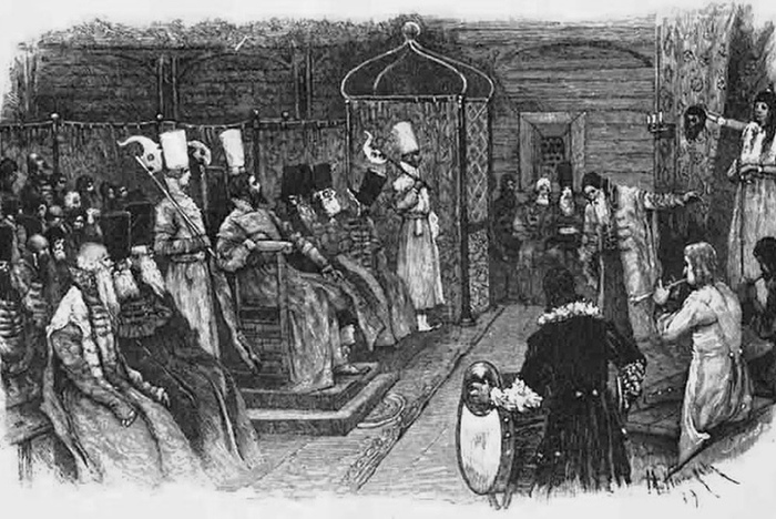 Представление "Юдифи" на сцене Преображенского театра 24 ноября 1674 г. в присутствии царя Алексея Михайловича (1895). Гравюра по рисунку Михаила Нестерова