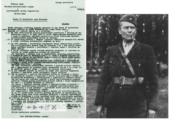 Приказ верховного командующего И.Броз Тито от 18 декабря 1942 г. о формировании первых подразделений флота НОАЮ,и сам Тито в 1942 г., внешне еще неотличимый от обычного партизанского командира
